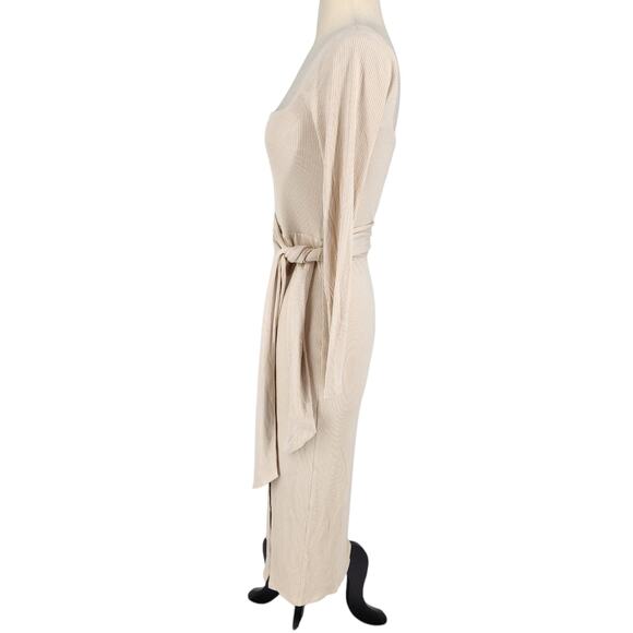 Privacy Please Ribbed Knit Midi Dress Square Neckline Side Slit Cream Size Small - Picture 3 of 6